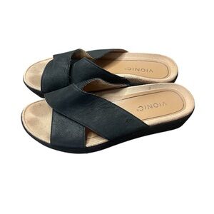 Vionic Hayden Leather Criss Cross Comfort Slide Platform Black Size 9